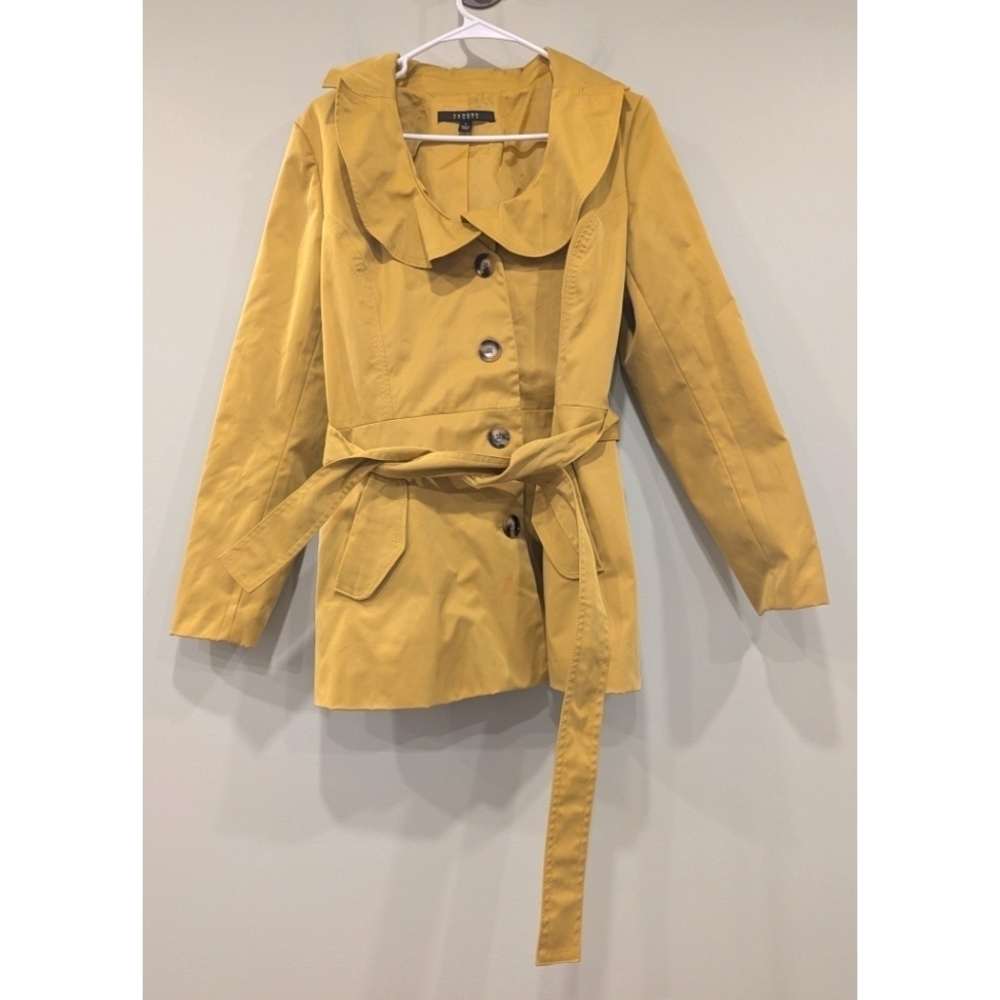 Sandro Studio Mustard Yellow Round Collar Tie Waist Jacket Size Large